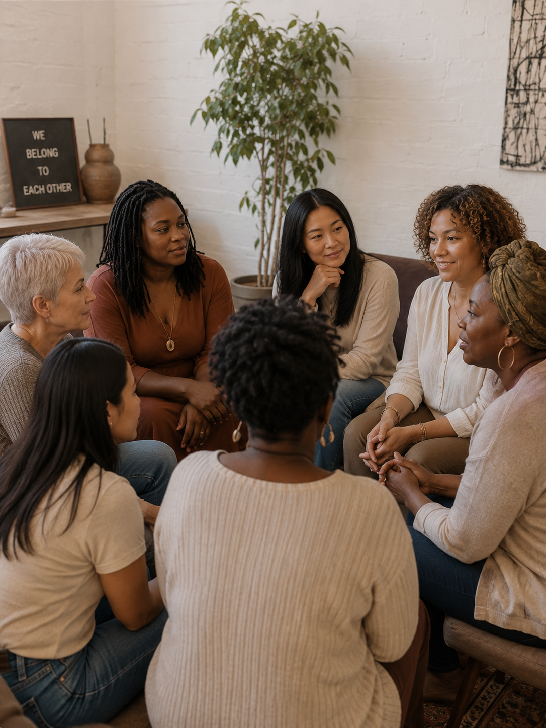 A diverse group of women gathered for community dialogue.